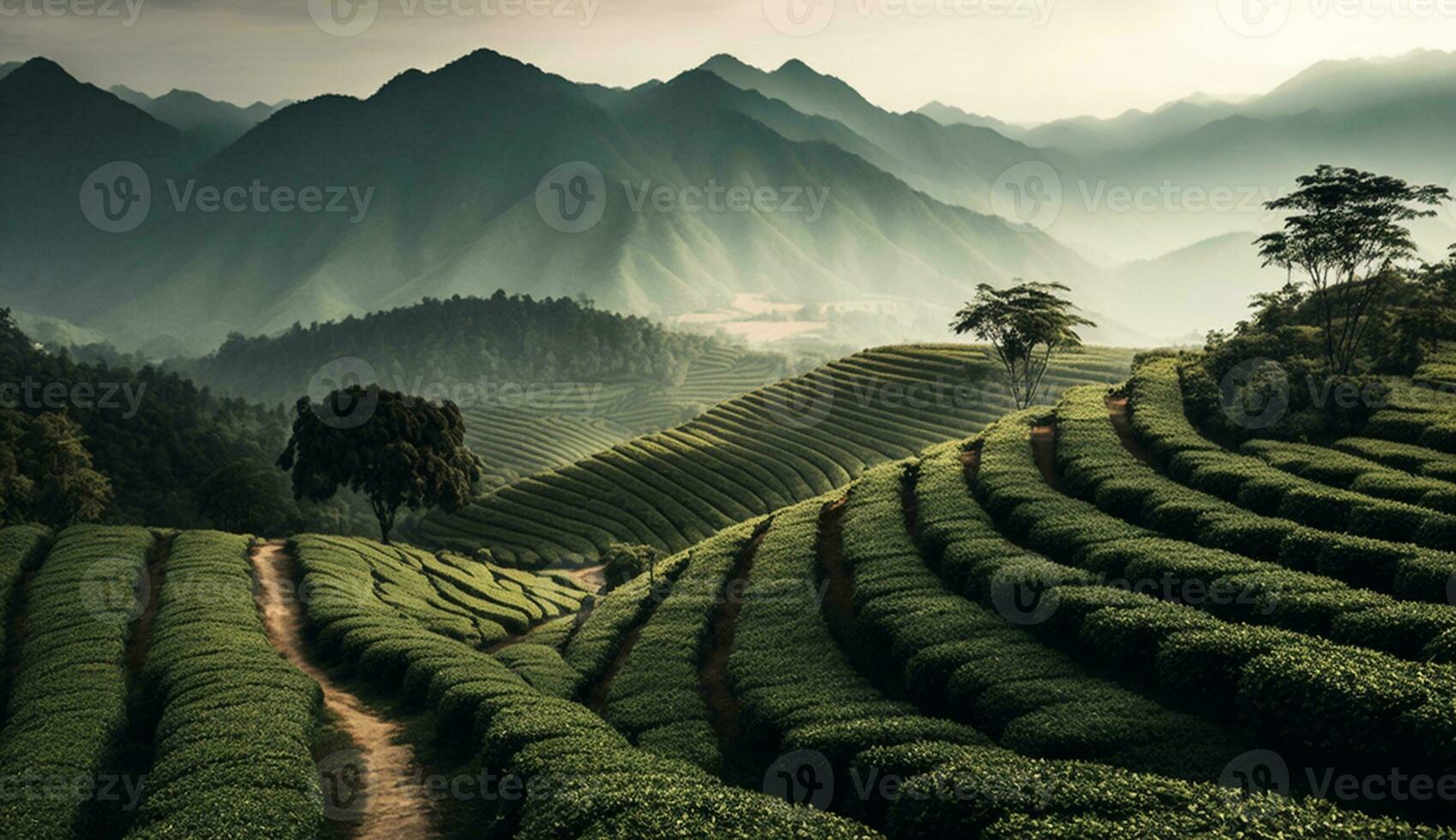 ländlich Bauernhof Szene terrassiert Tee Ernte Wachstum Berg Hintergrund generiert durch ai foto