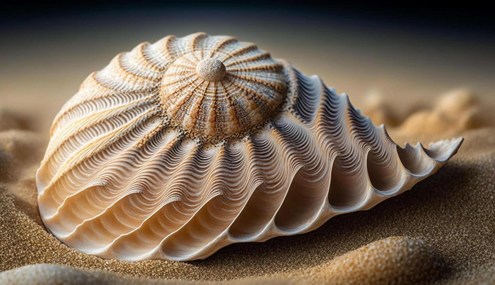 Natur Schönheit schließen oben von Spiral- Muschel auf Sand generiert durch ai foto