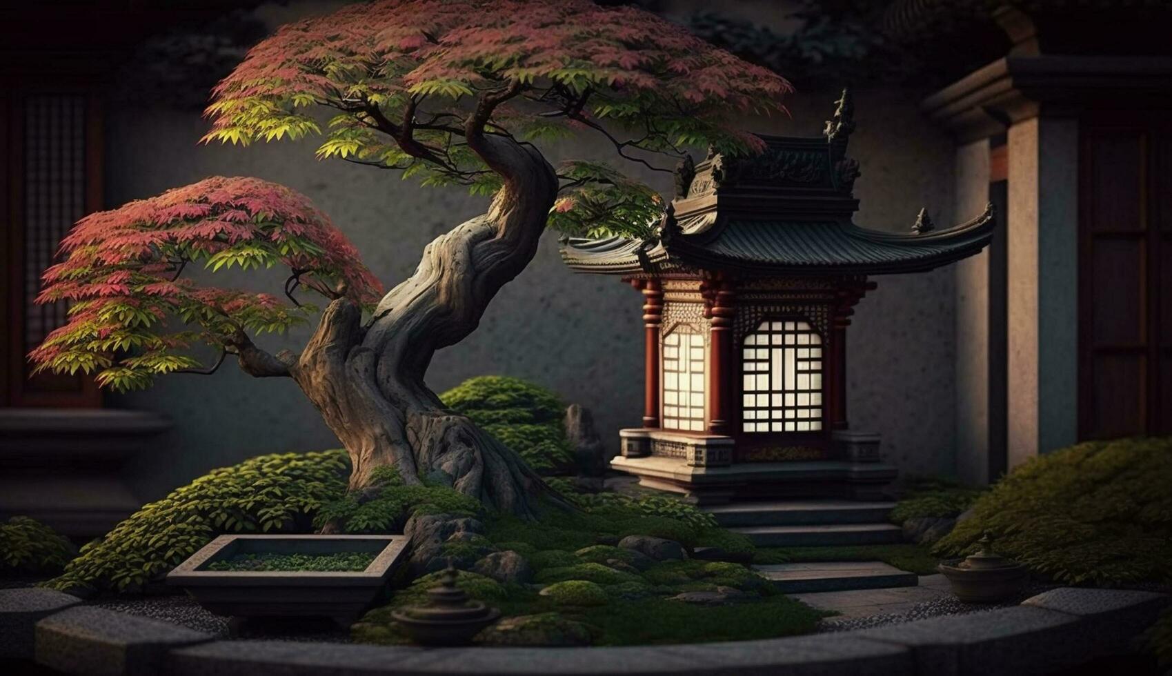heiter japanisch Garten beleuchtet durch Laternen beim Nacht generiert durch ai foto
