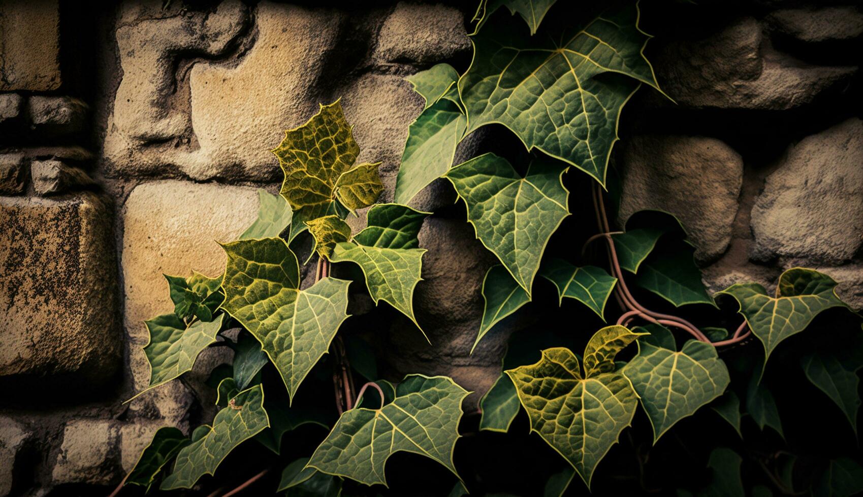 ein beschwingt Herbst Blatt Muster auf ein Efeu bedeckt Mauer generiert durch ai foto