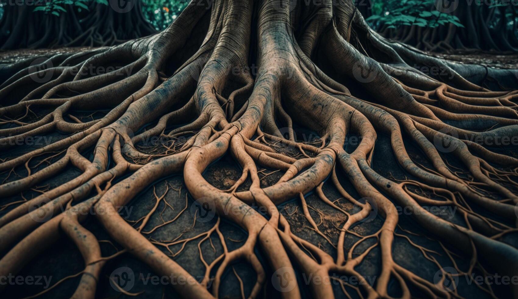 Wurzeln verflochten alt Baum Kofferraum Wachstum im Natur generiert durch ai foto