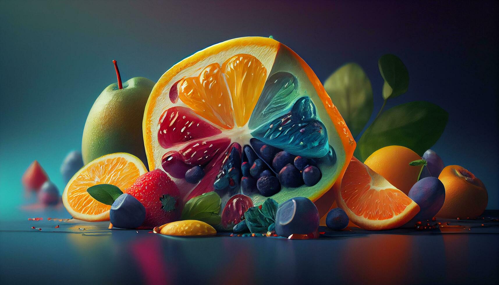 Früchte und Blätter frisch und gesund Essen ,generativ ai foto