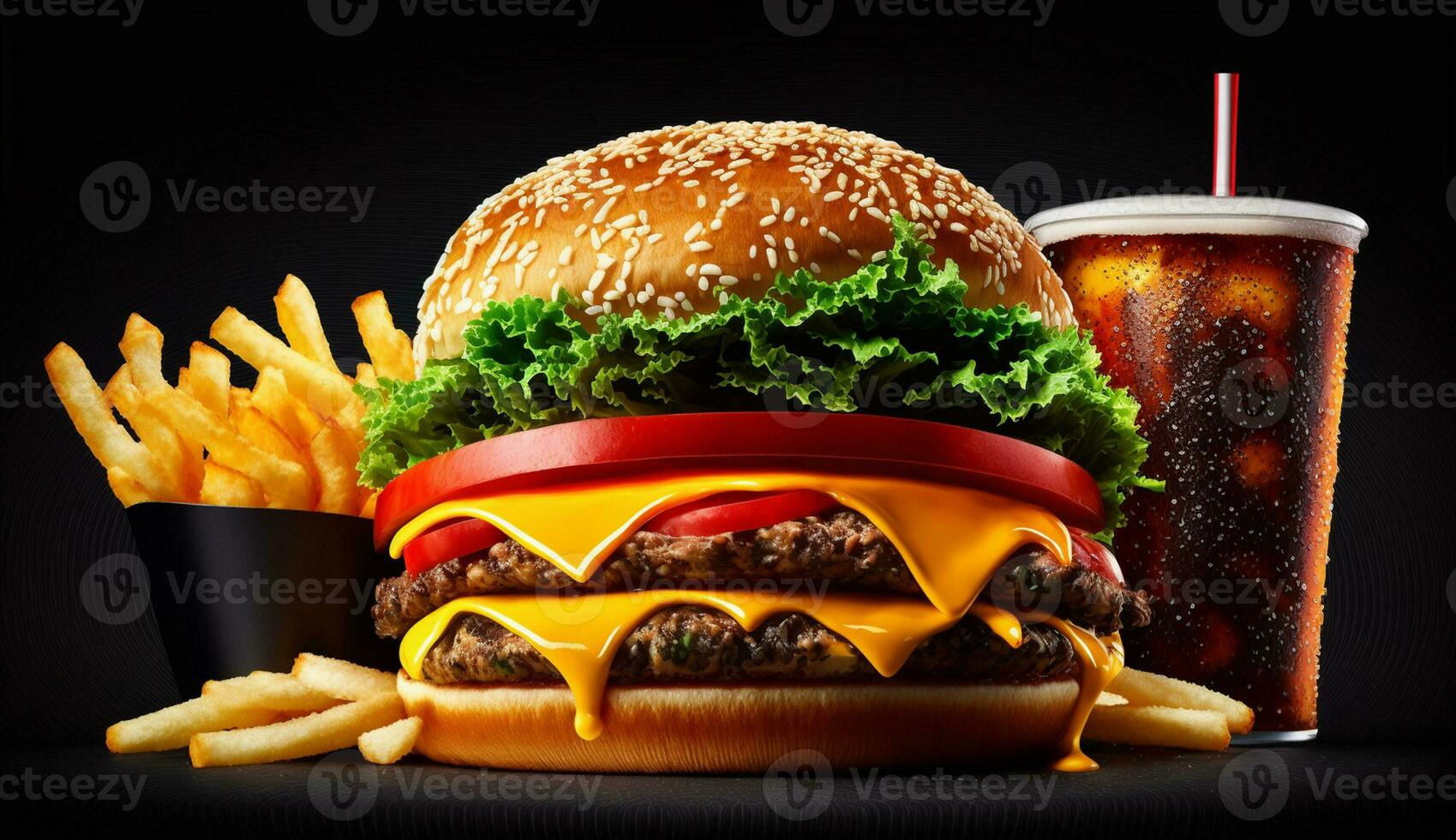 gegrillt Rindfleisch Burger mit Fritten, Käse und Tomate ,generativ ai foto
