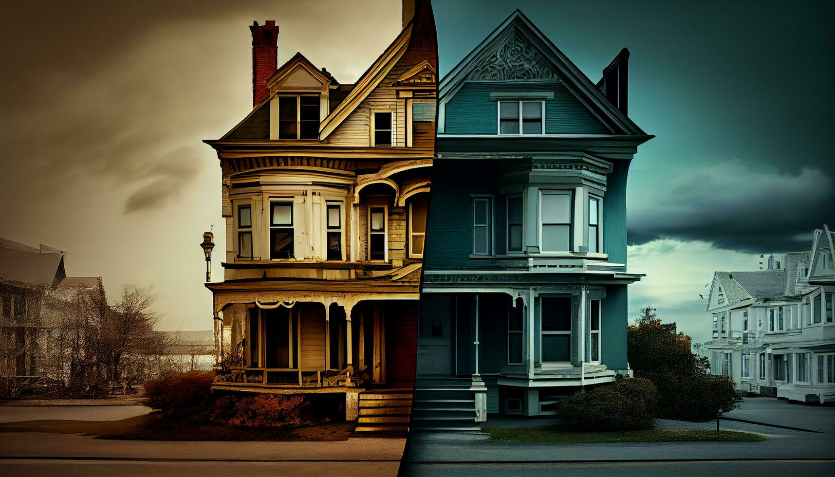 Haus Vorderseite Fassade mit Tag und Nacht Szene ,generativ ai foto