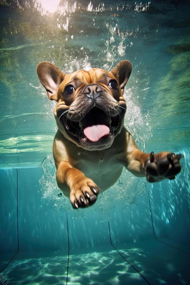 komisch Hund Schwimmen Unterwasser, generativ ai. foto