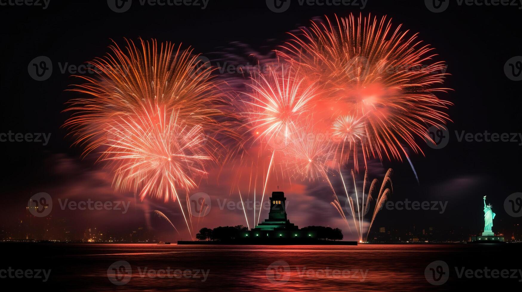 USA Unabhängigkeit Tag Juli 4, Nacht Stadt über das Fluss im Gruß. ai generiert. foto