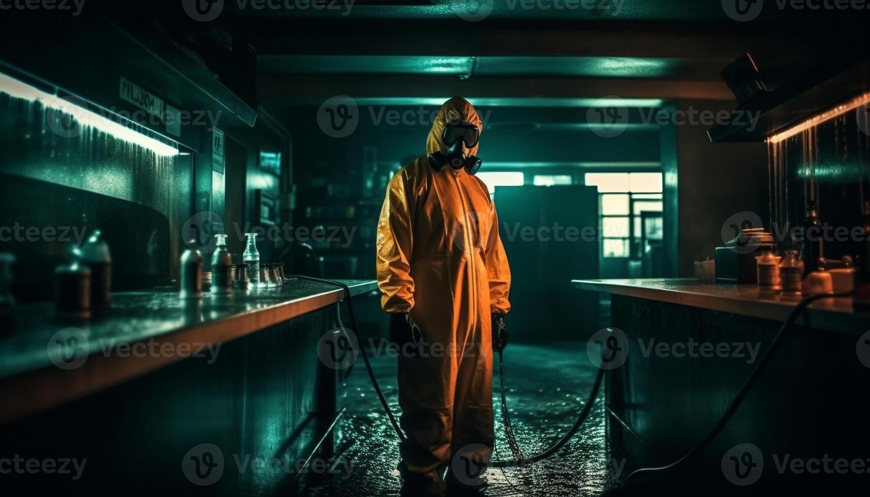 einer Experte Ingenieur Sprühen giftig Abfall im dunkel Fabrik Nacht generiert durch ai foto