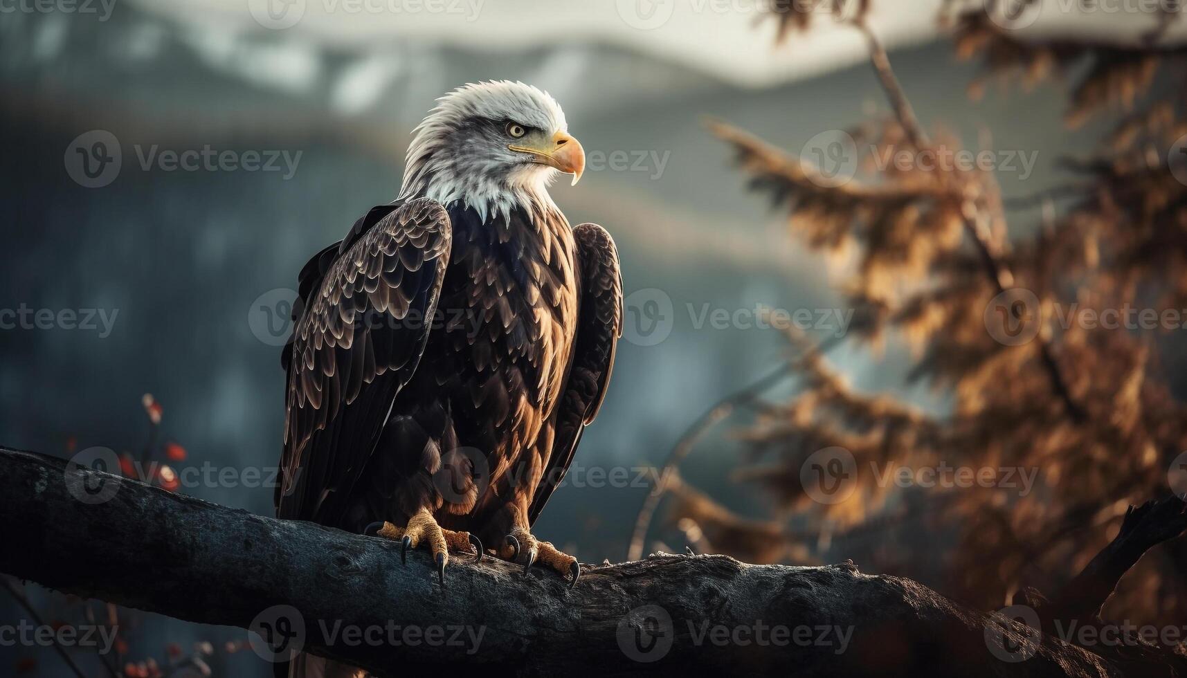 majestätisch kahl Adler sich niederlassen auf Zweig, Krallen im Fokus generiert durch ai foto