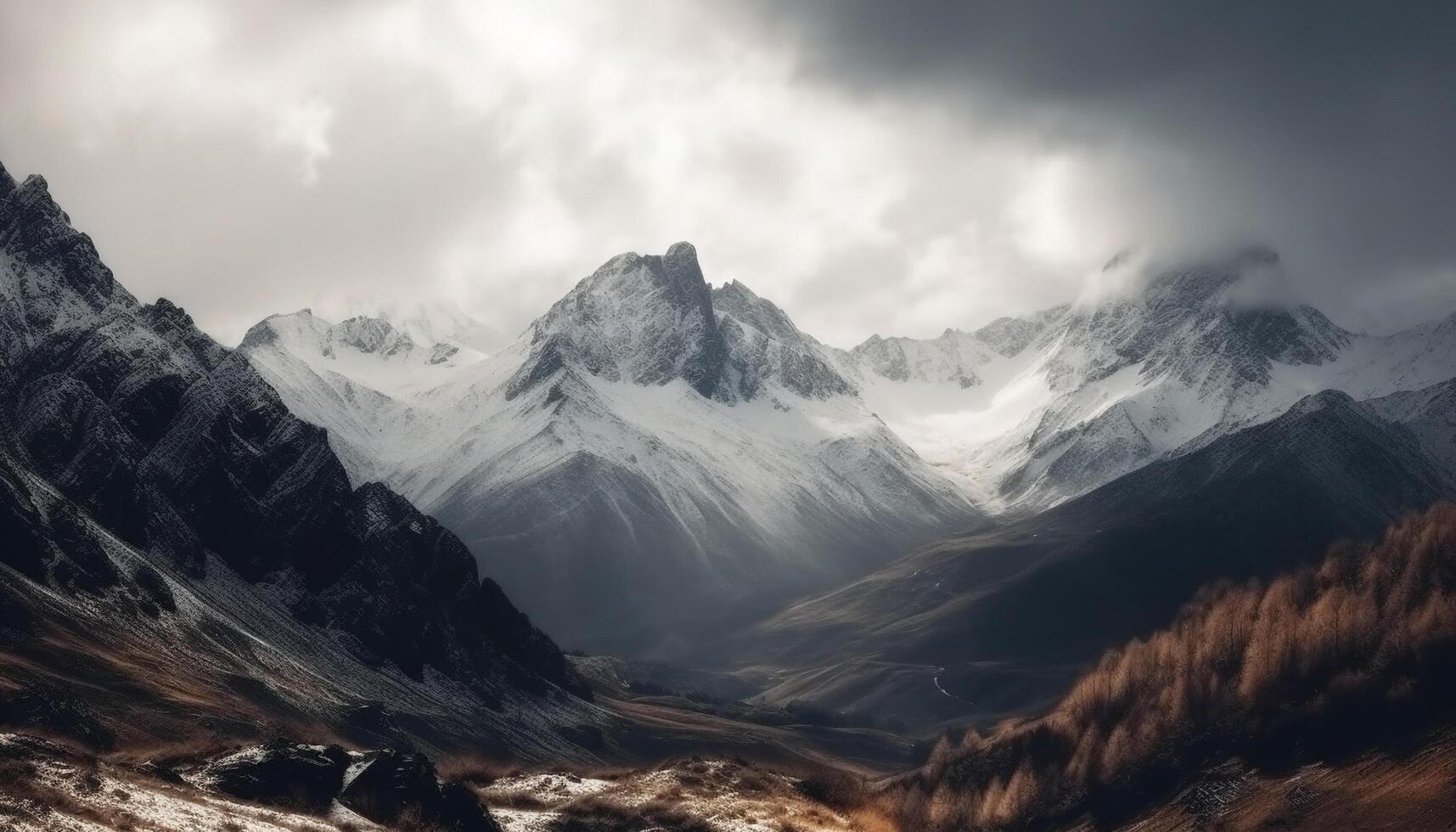 majestätisch Berg Bereich, Panorama- Sicht, still Szene, Wildnis Erkundung generiert durch ai foto