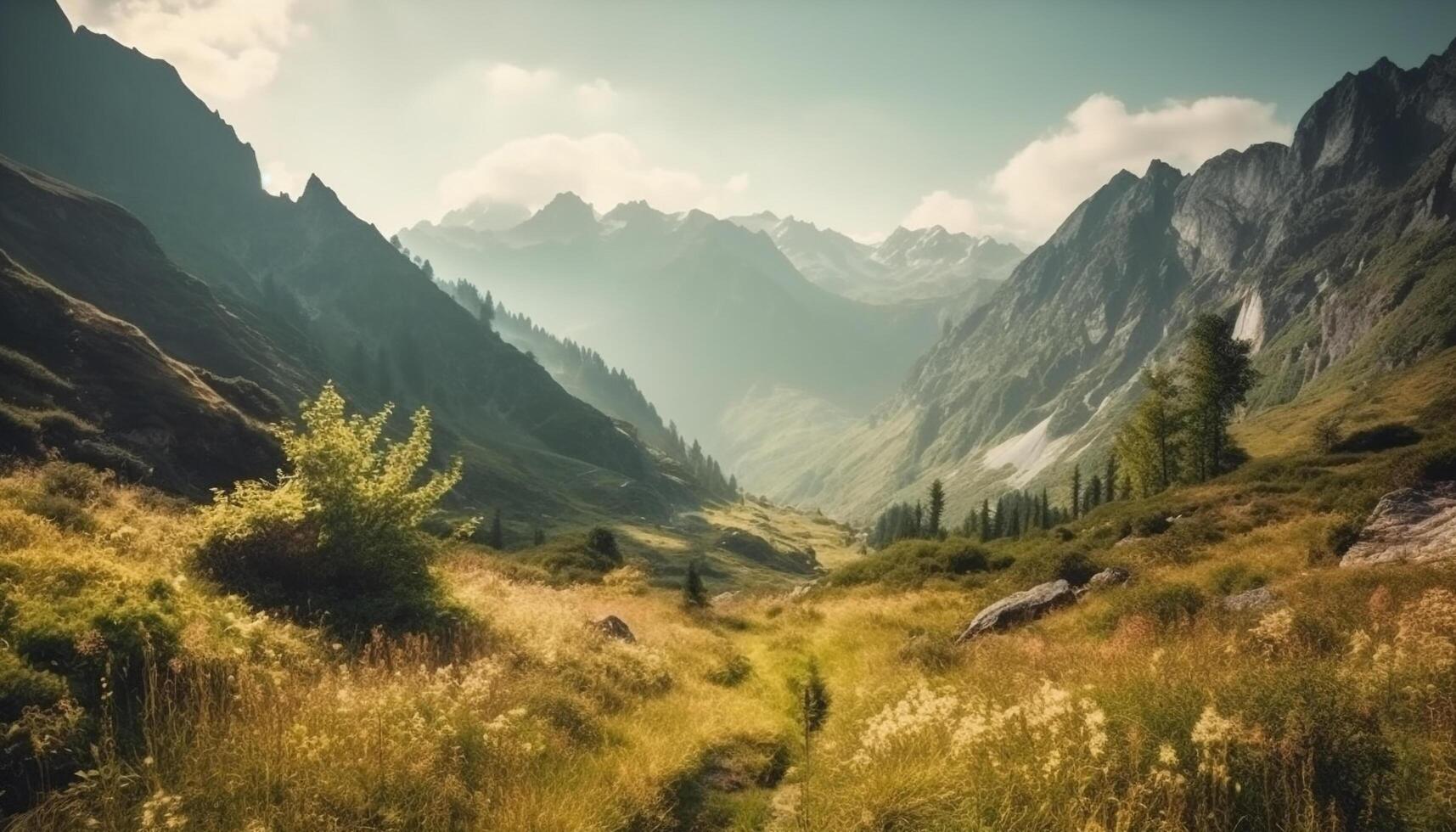 das majestätisch Berg Angebot rühmt sich ein still Wiese und Wald generiert durch ai foto