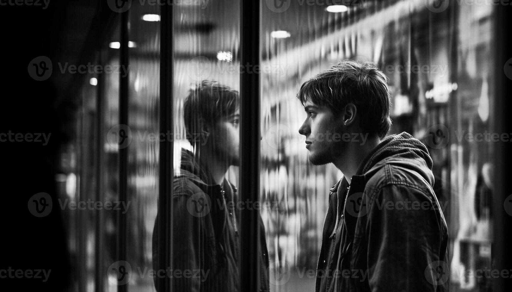 ein einsam Mann Gehen im das Stadt, reflektieren auf Leben generiert durch ai foto