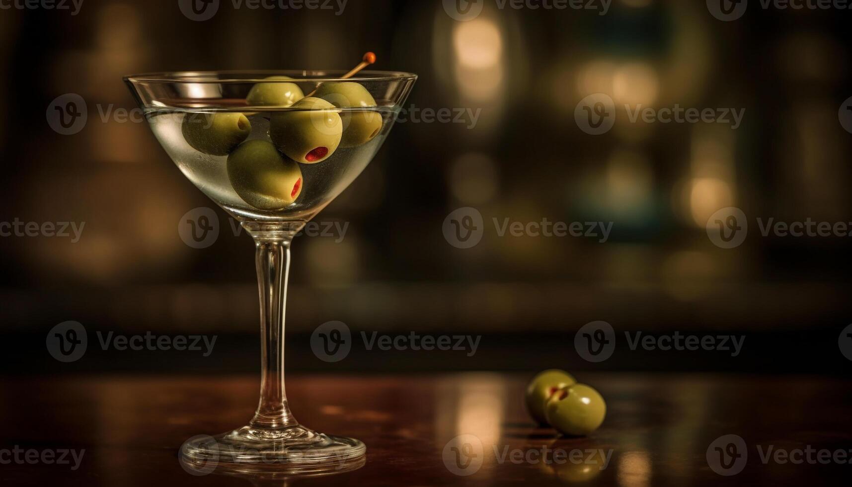 ein luxuriös Martini Glas mit ein Grün Olive Garnierung generiert durch ai foto