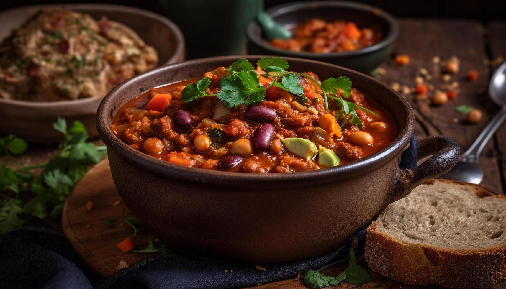 ein gesund Vegetarier Eintopf mit Bohnen, Tomate, und Petersilie generiert durch ai foto