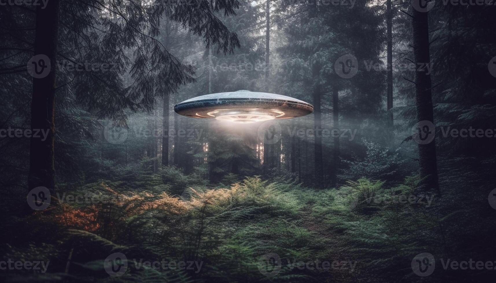 ein surreal, glühend Raumschiff schwebt Über ein alt, gespenstisch Wald generiert durch ai foto