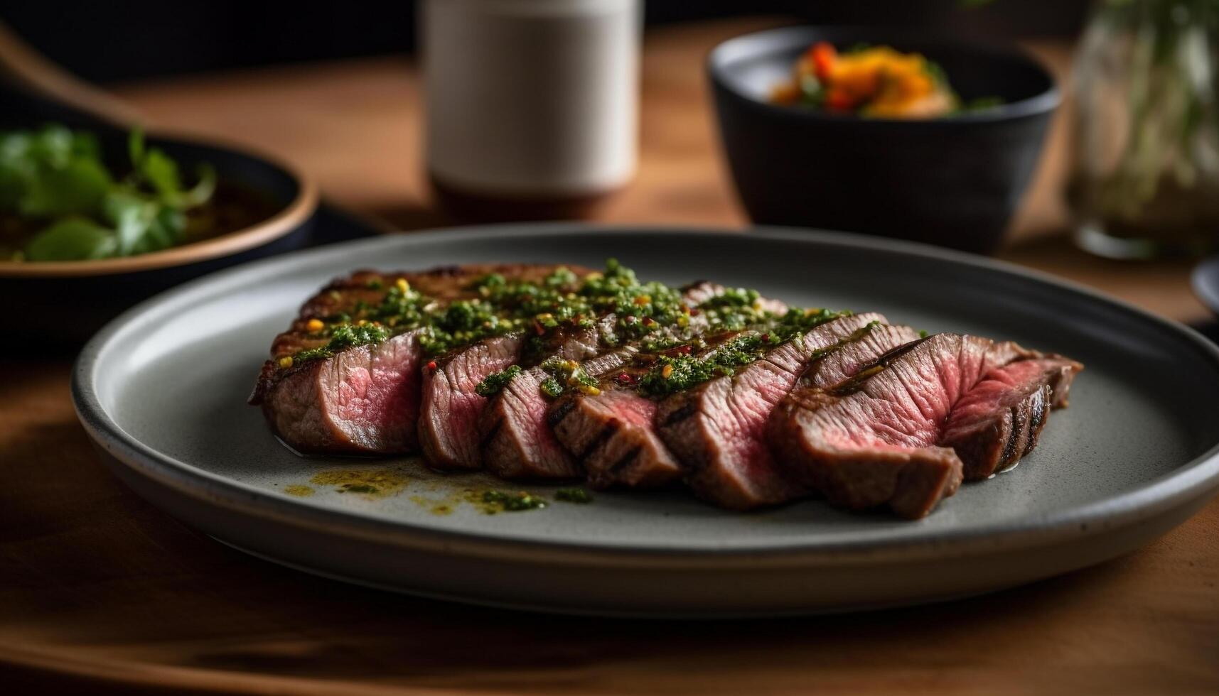 gegrillt Lendenstück Steak auf rustikal Teller mit frisch Gemüse Salat generiert durch ai foto