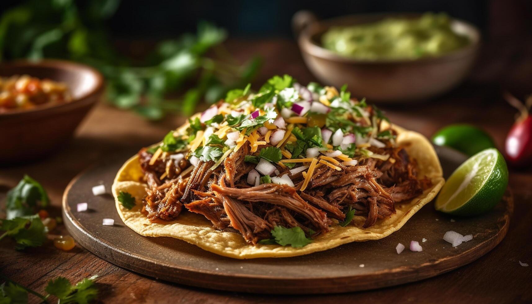 ein Gourmet Taco Teller mit gezogen Schweinefleisch, Rindfleisch, und Guacamole generiert durch ai foto