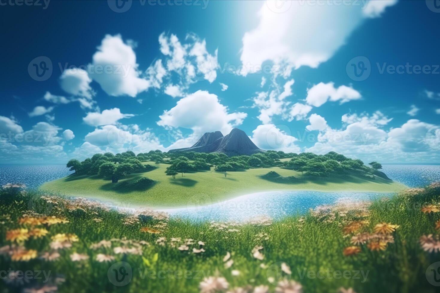 schön Landschaft Illustration klein Insel mit Vulkan und schön Himmel ai generativ foto