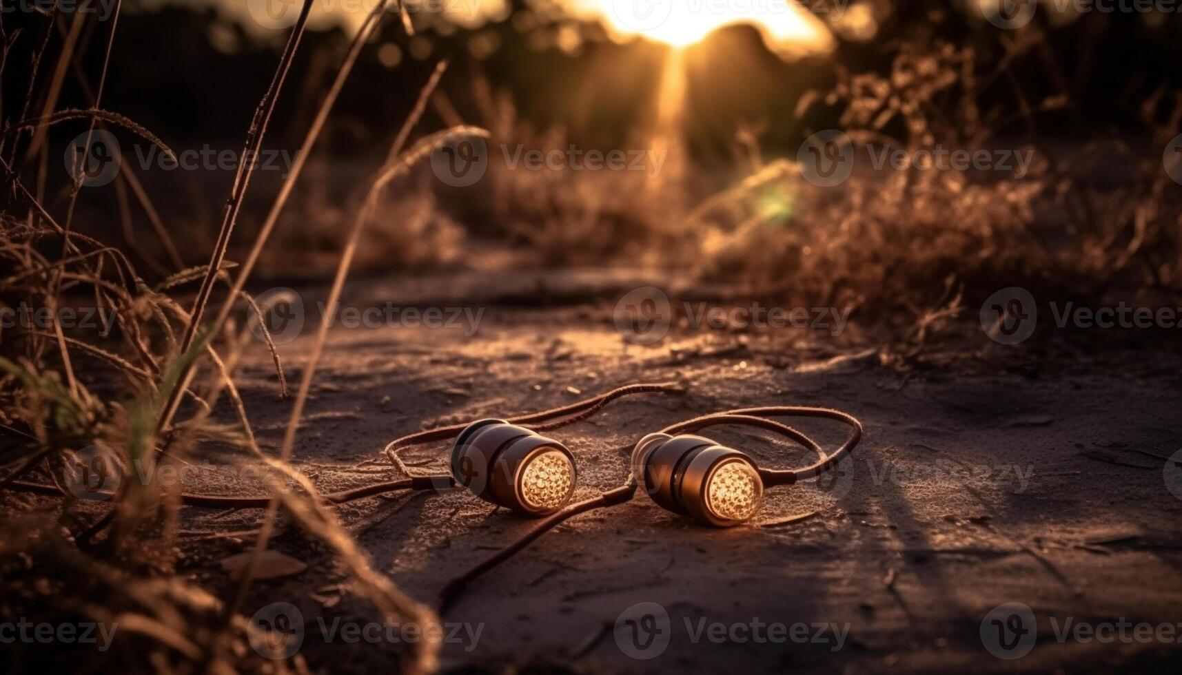 Sonnenuntergang Kopfhörer abspielen Musik- im still Wald Szene generiert durch ai foto