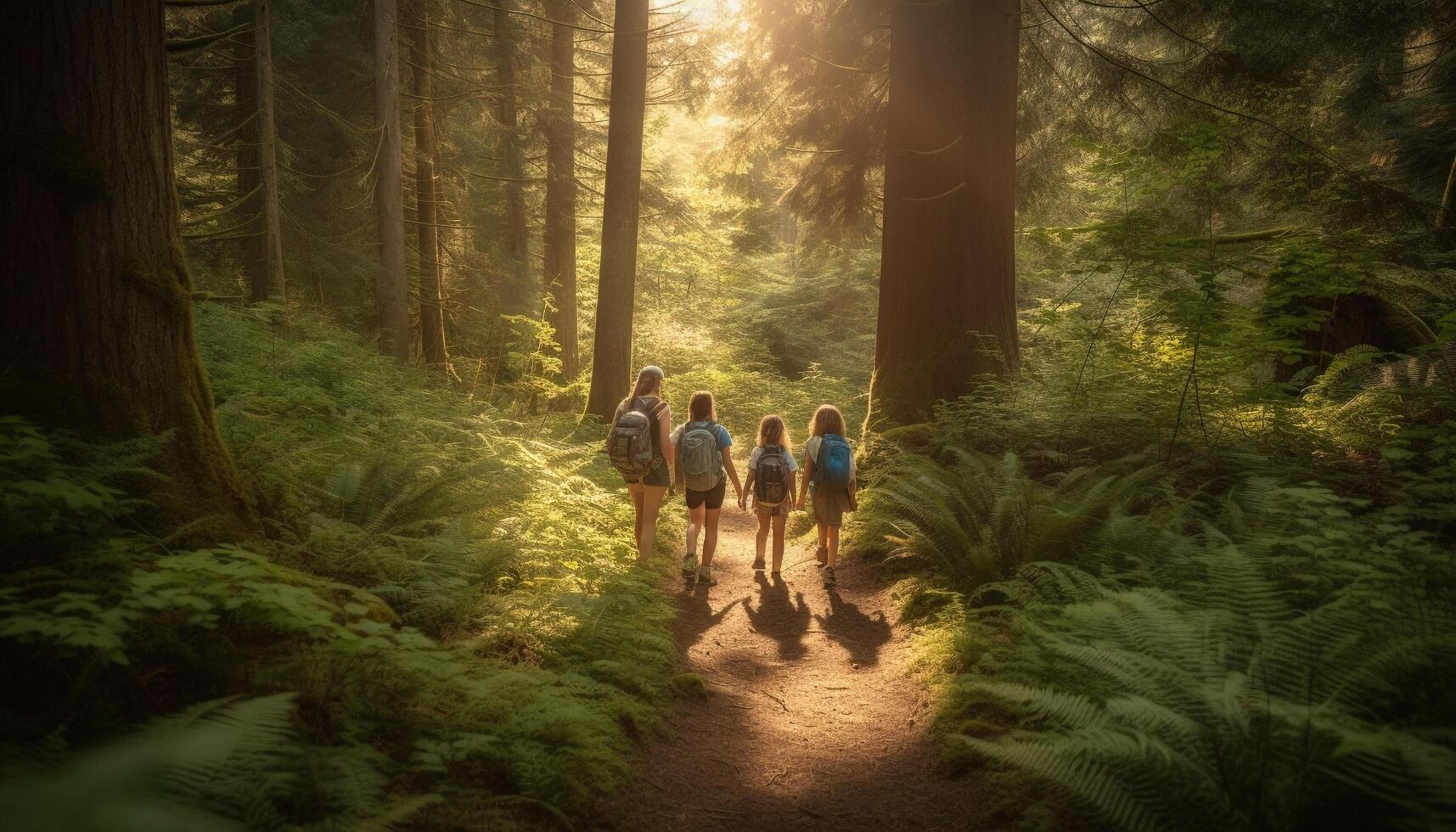 Familie Wandern durch Wald, genießen Natur Schönheit generiert durch ai foto