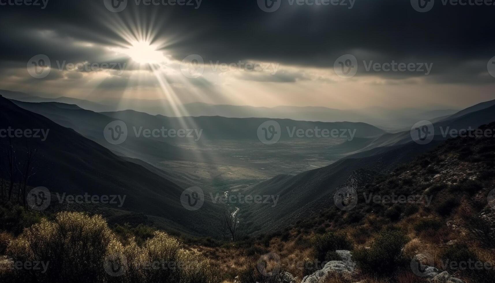 majestätisch Berg Bereich, still Wiese beim Dämmerung generiert durch ai foto