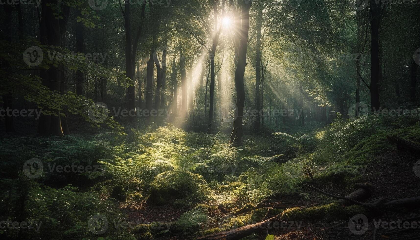 mysteriös Wald, nebelig Weg, verzaubert Fee Dämmerung generiert durch ai foto