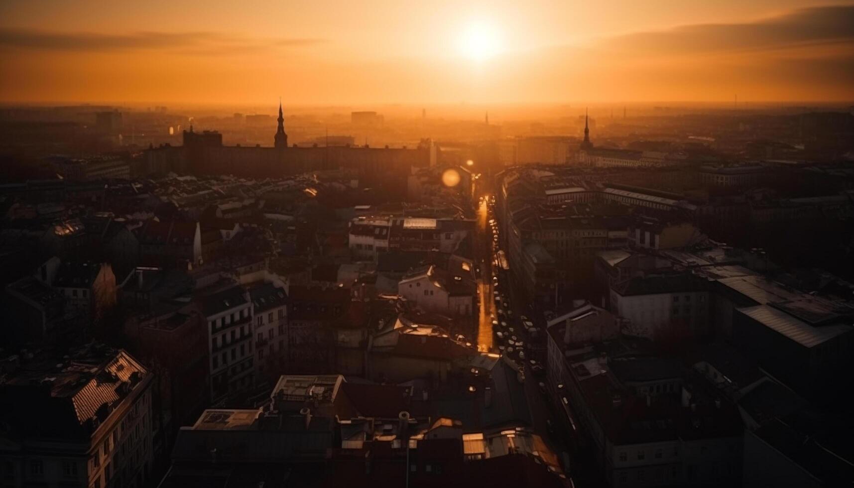 Sonnenuntergang leuchtet Stadt Horizont, Natur Verschmutzung offensichtlich generiert durch ai foto