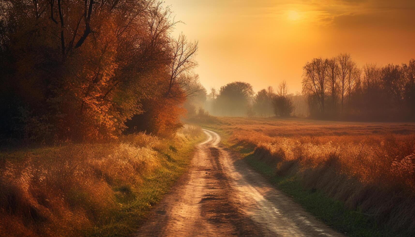 beschwingt Herbst Landschaft, still Wiese beim Dämmerung generiert durch ai foto