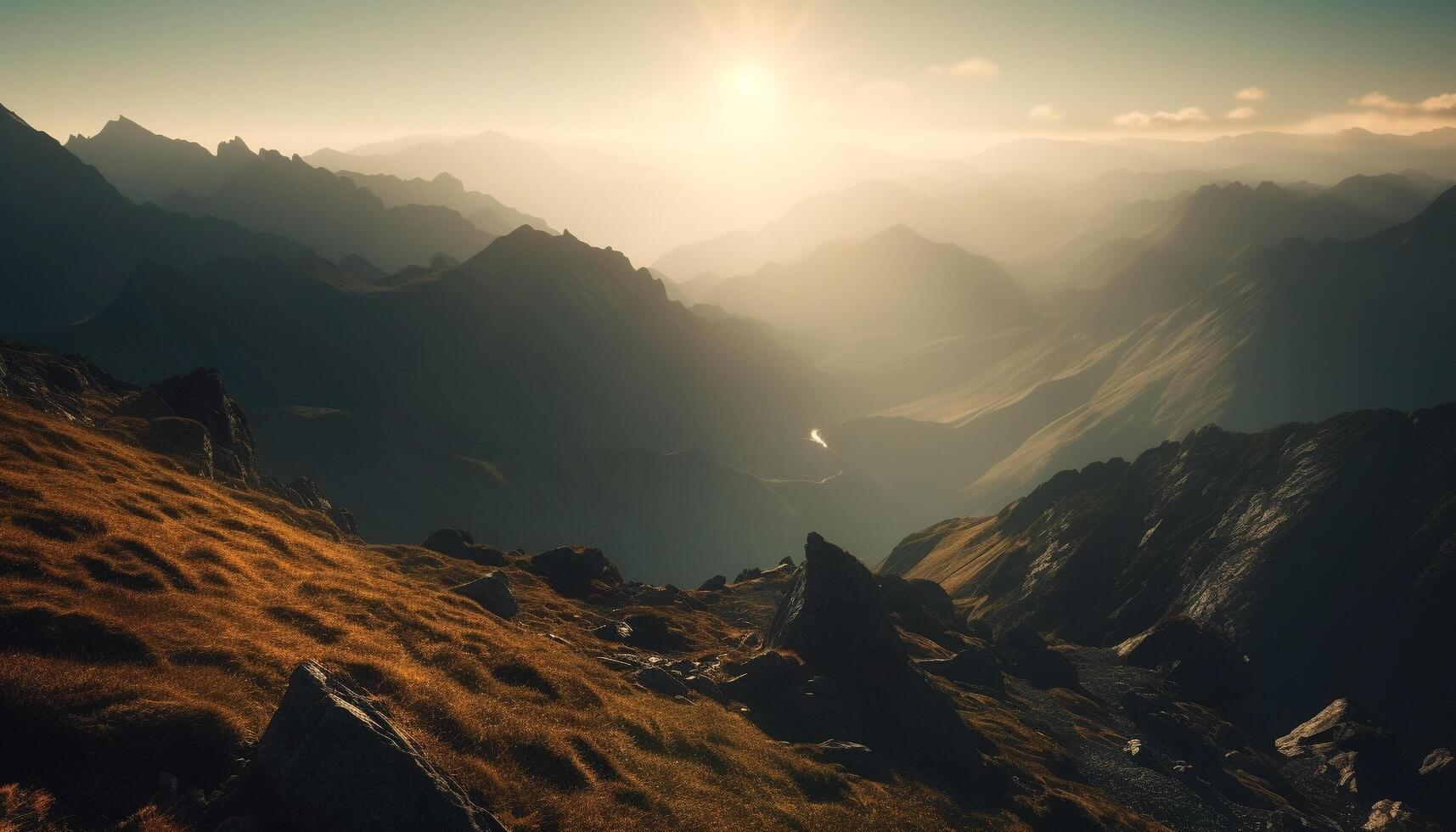 majestätisch Berg Angebot silhouettiert beim Sonnenaufgang, still Szene generiert durch ai foto