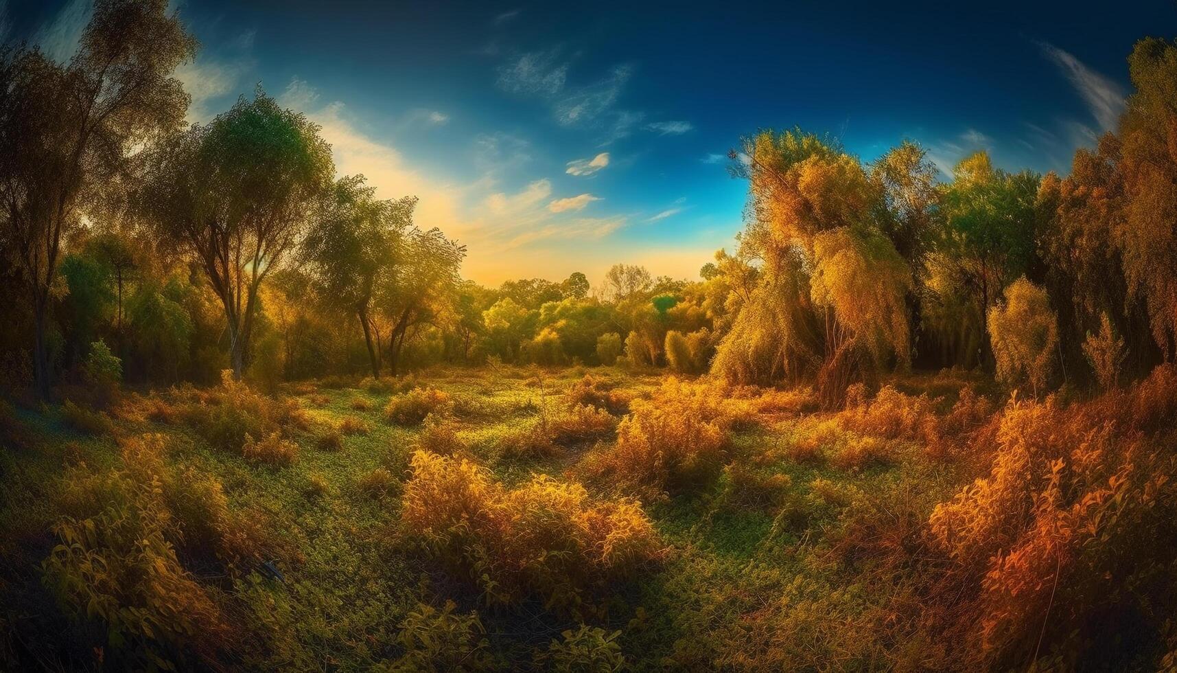 golden Sonnenlicht leuchtet still Wald Wiese Szene generiert durch ai foto