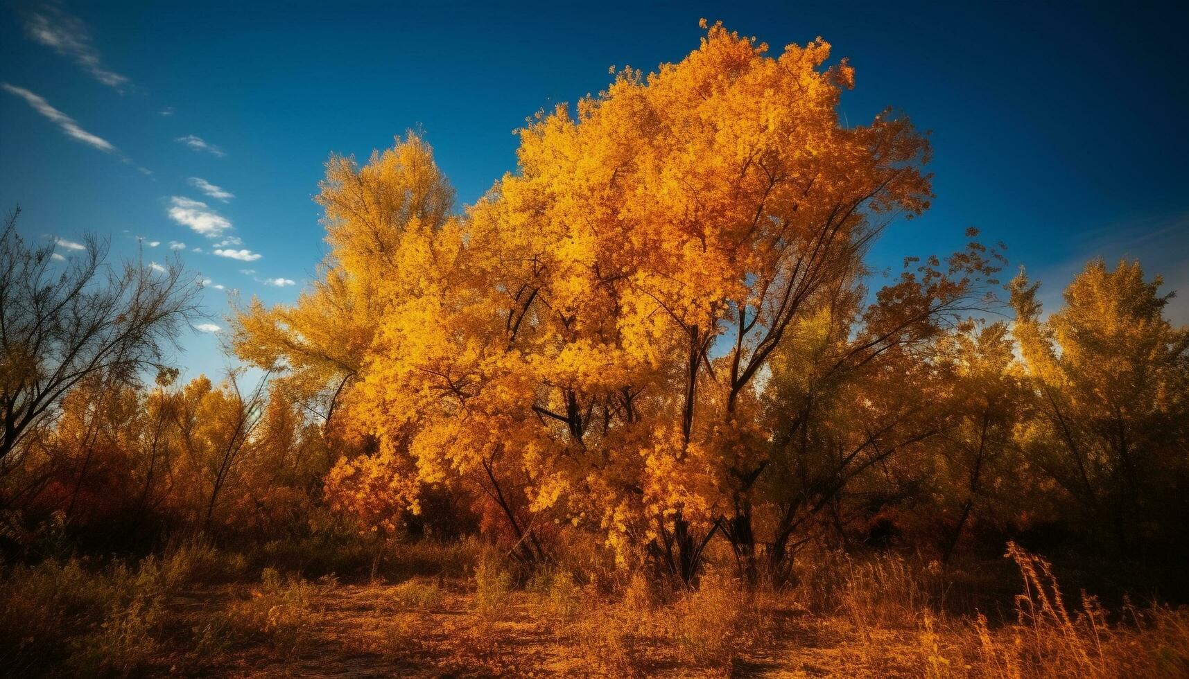 beschwingt Herbst Baum, Gelb Blätter, still Wiese generiert durch ai foto