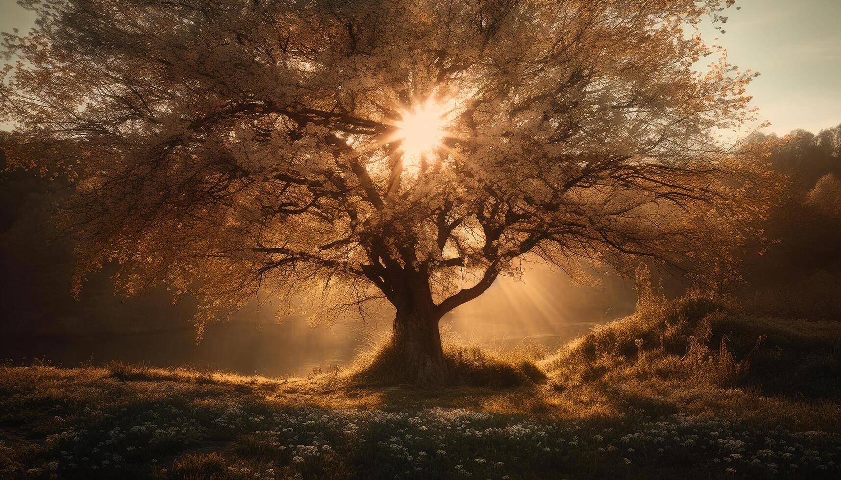 Sonnenuntergang Silhouette, Herbst Wald, still Wiese Wachstum generiert durch ai foto