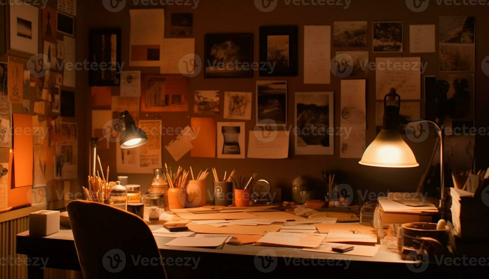 modern Büro Design beleuchtet durch elektrisch Lampen generiert durch ai foto