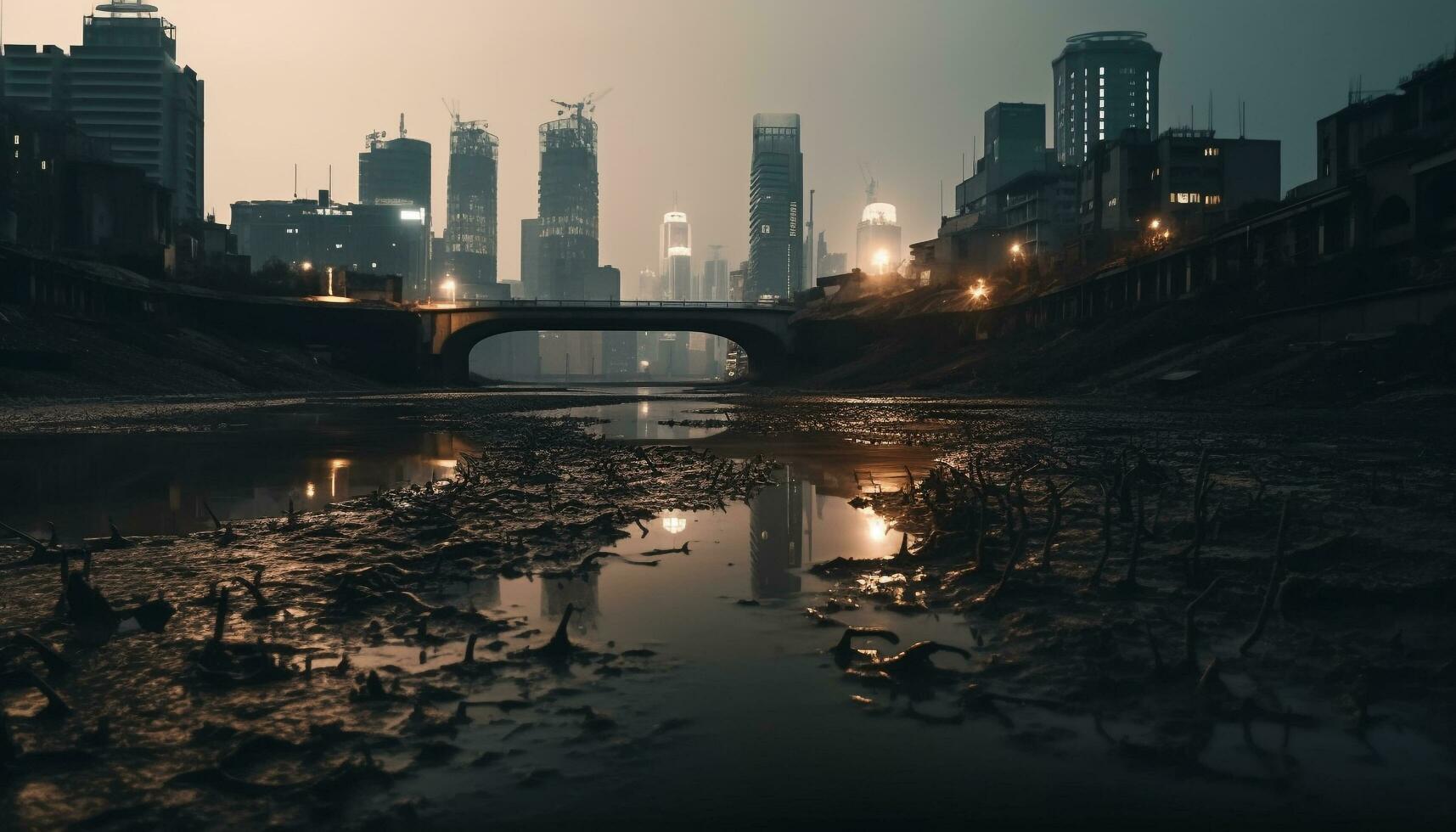 Stadtbild beim Nacht Wolkenkratzer Betrachtung auf Wasser beleuchtet generiert durch ai foto