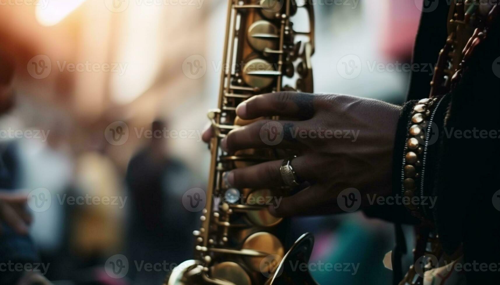 das Saxophonist weht Messing- zum draussen Felsen Konzert generiert durch ai foto