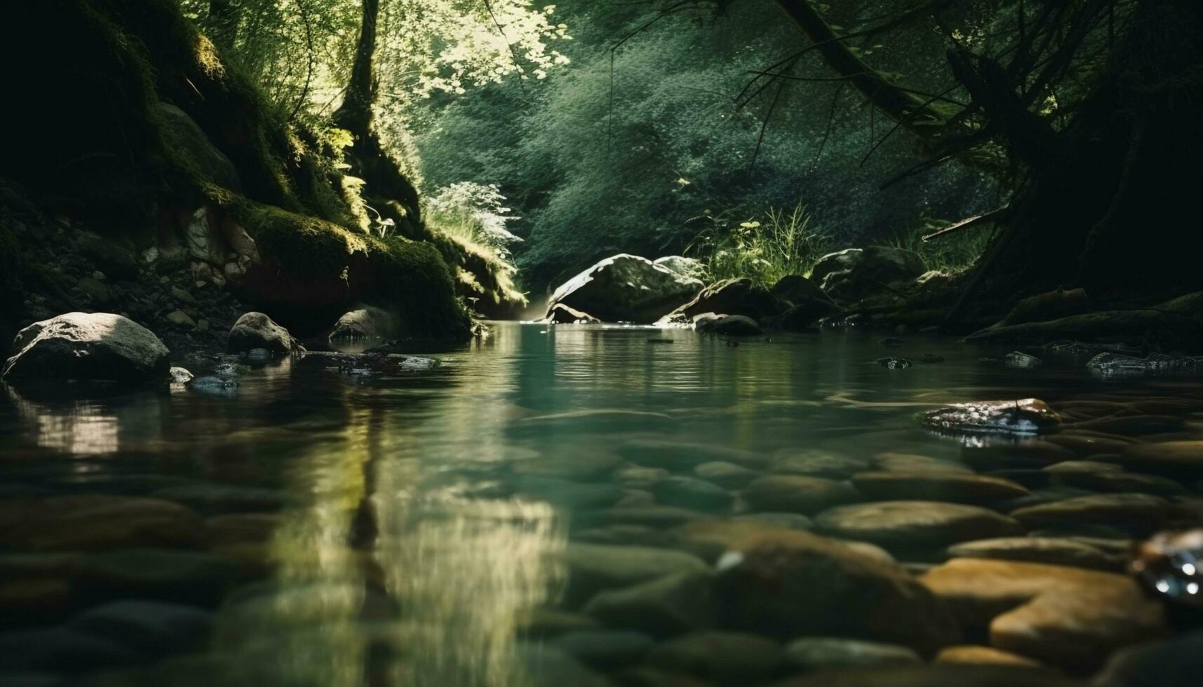 fließend Wasser spiegelt still Szene im Wildnis generiert durch ai foto