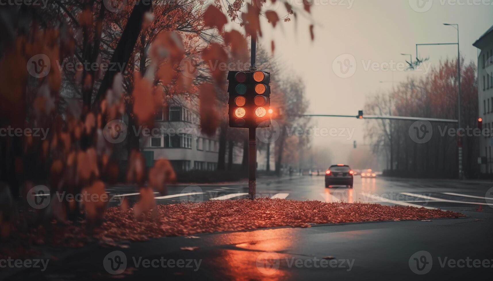 verschwommen Scheinwerfer Geschwindigkeit durch beleuchtet Herbst Regen generiert durch ai foto