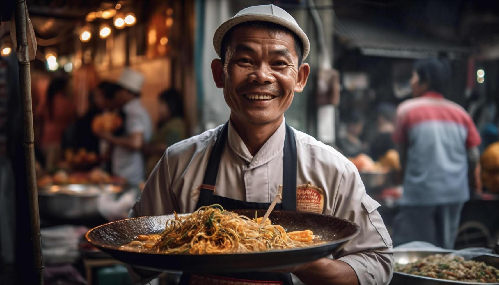 Chinesisch Verkäufer Kochen köstlich Straße Essen draußen generiert durch ai foto