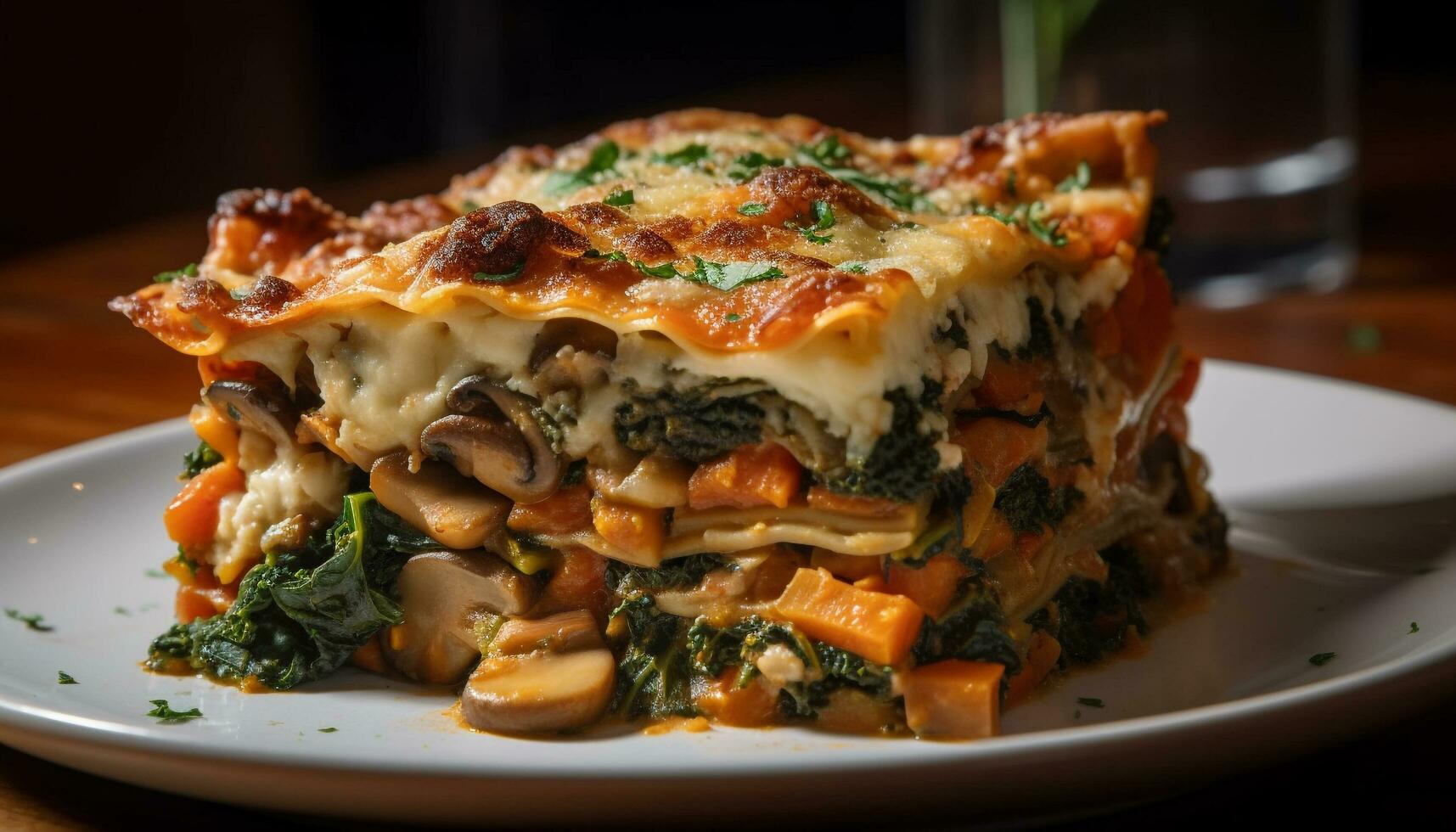 schließen oben von Gourmet Lasagne Scheibe auf Teller generiert durch ai foto