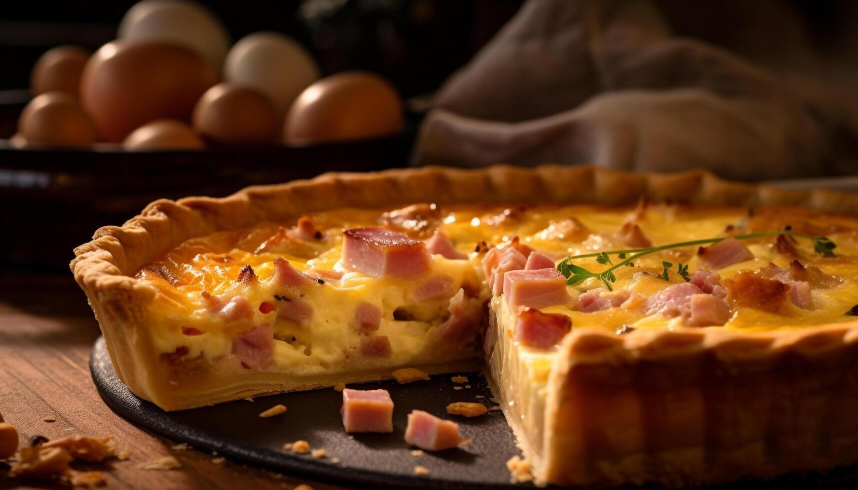 frisch und hausgemacht Fleisch Kuchen auf rustikal Tabelle generiert durch ai foto