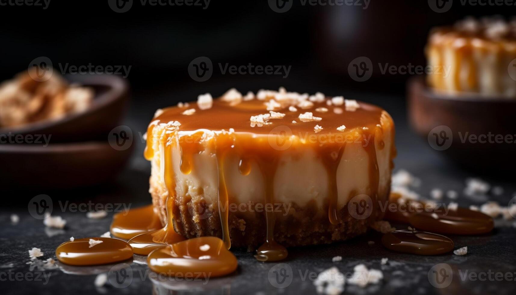 nachsichtig Karamell schmelzen auf gebacken dunkel Schokolade generiert durch ai foto