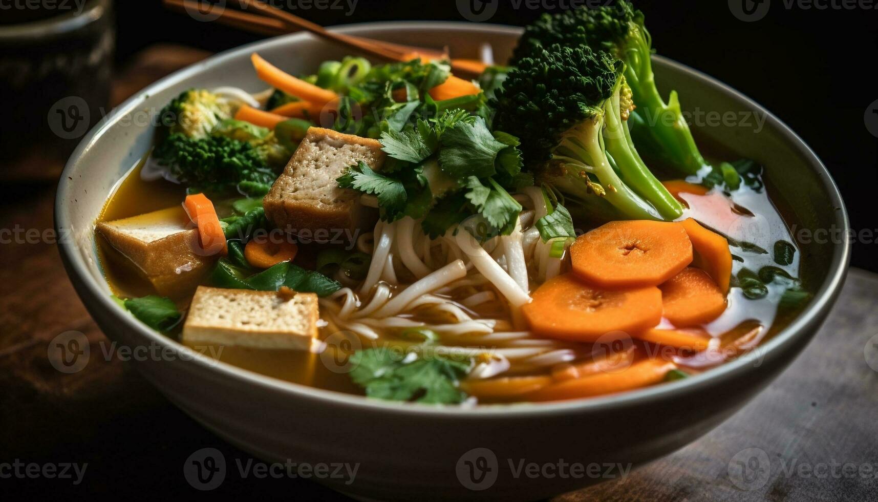 gesund Schüssel von Vegetarier Suppe mit Essstäbchen generiert durch ai foto