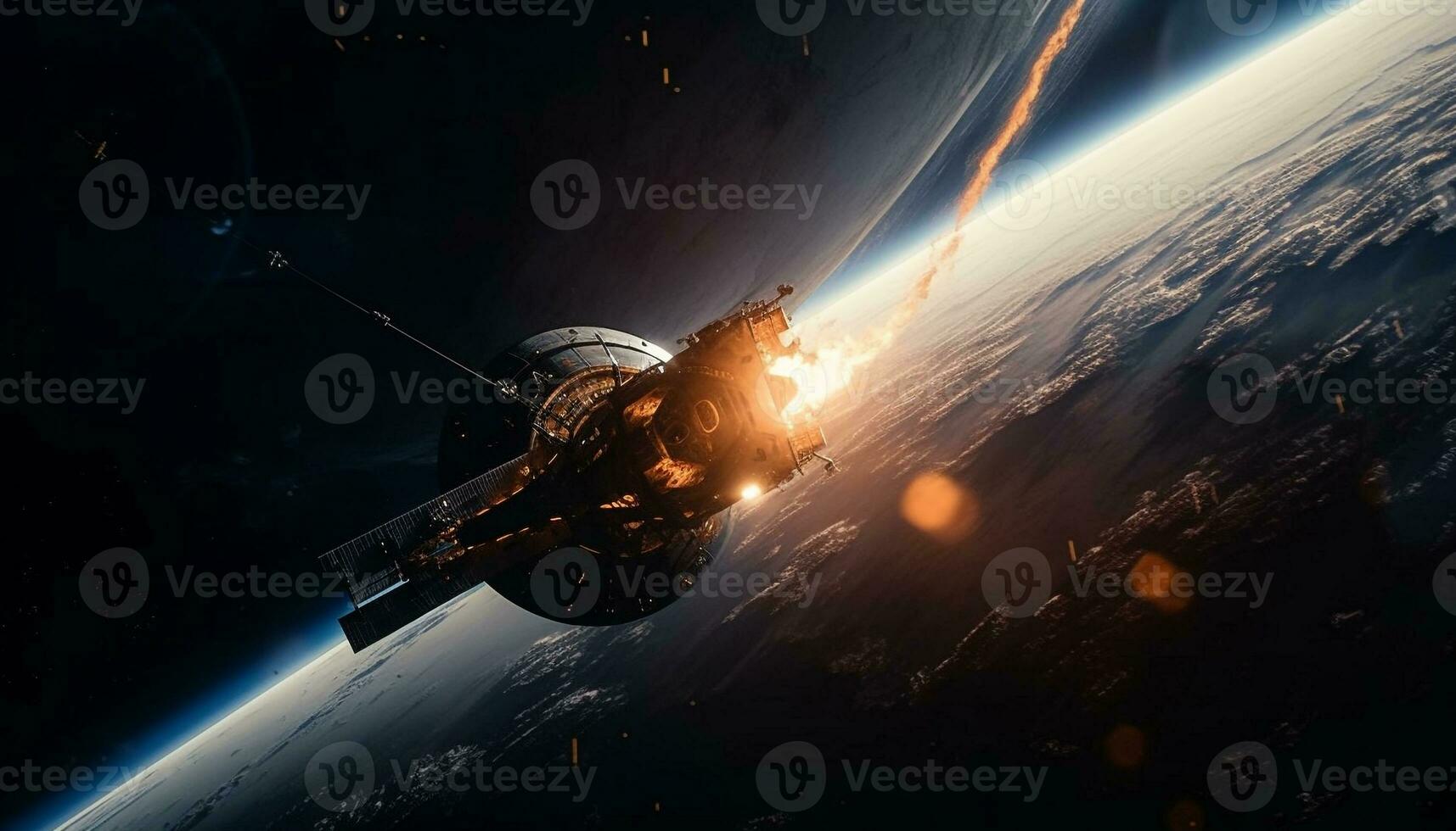 Raumschiff Umlaufbahnen Planet Astronaut erforscht Außerirdischer Sonnenuntergang generiert durch ai foto