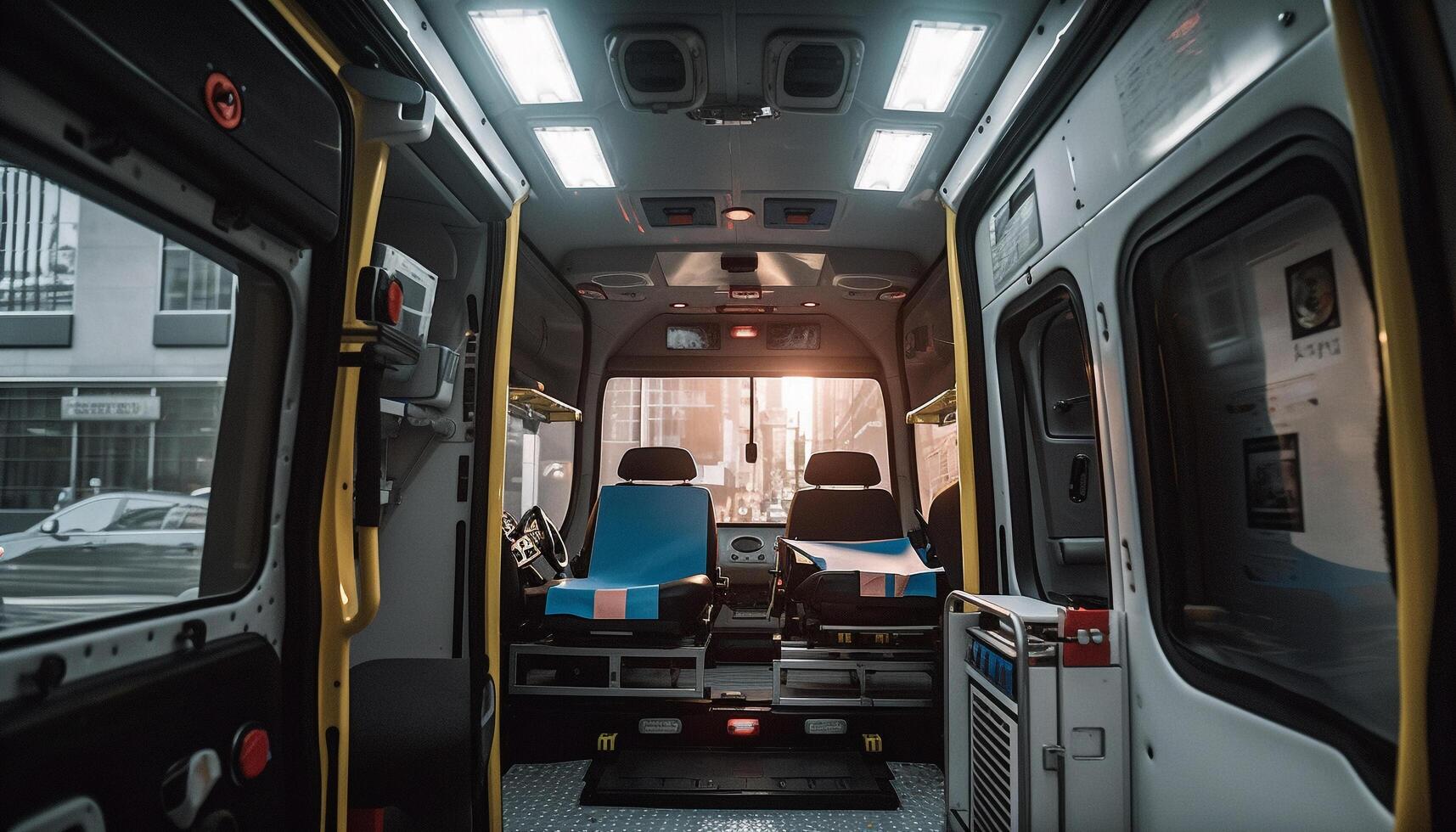 Innerhalb ein Bus, Fahren durch das Stadt generiert durch ai foto