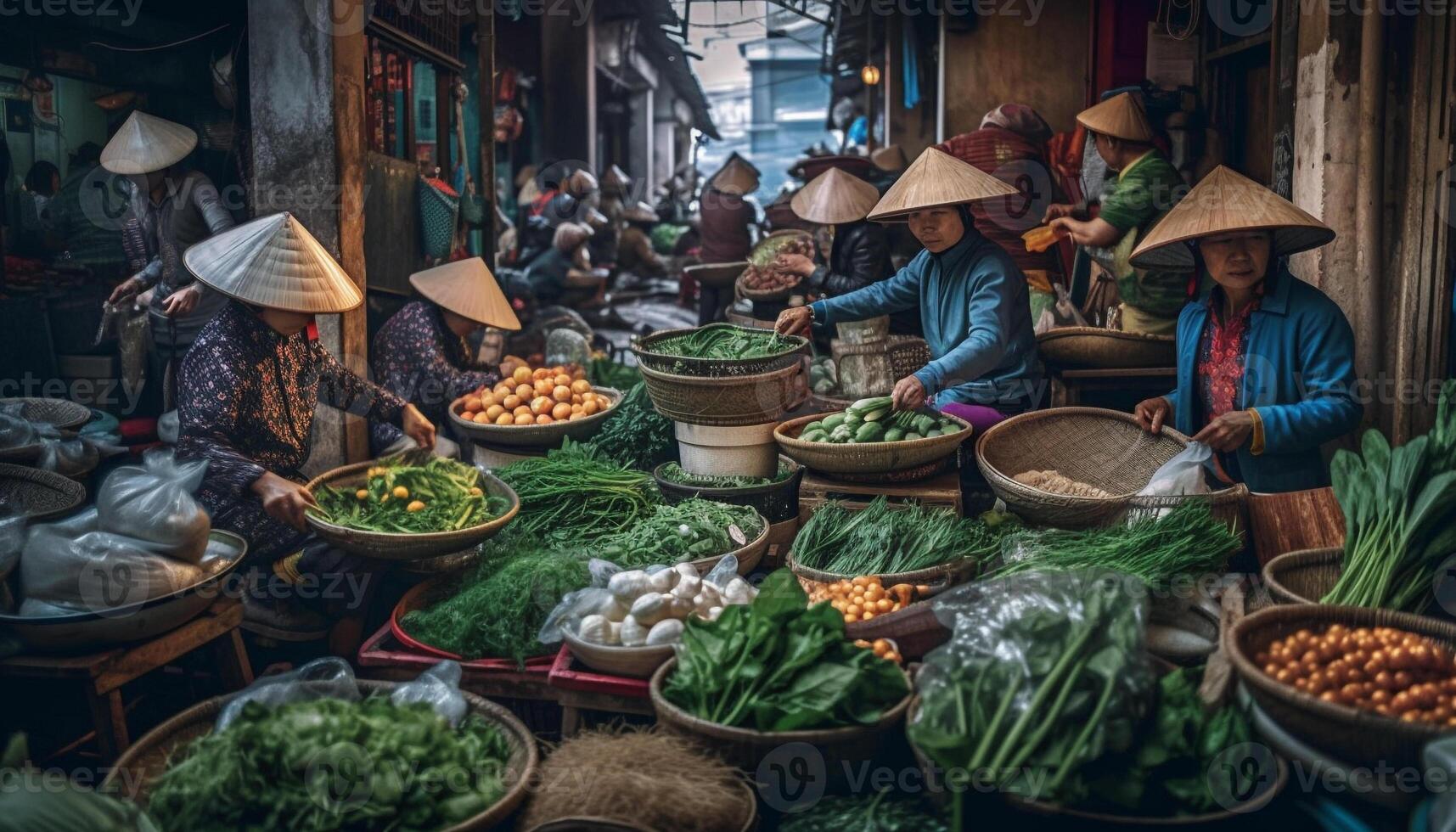 bunt Vietnamesisch Anbieter verkaufen frisch produzieren beim Markt generiert durch ai foto