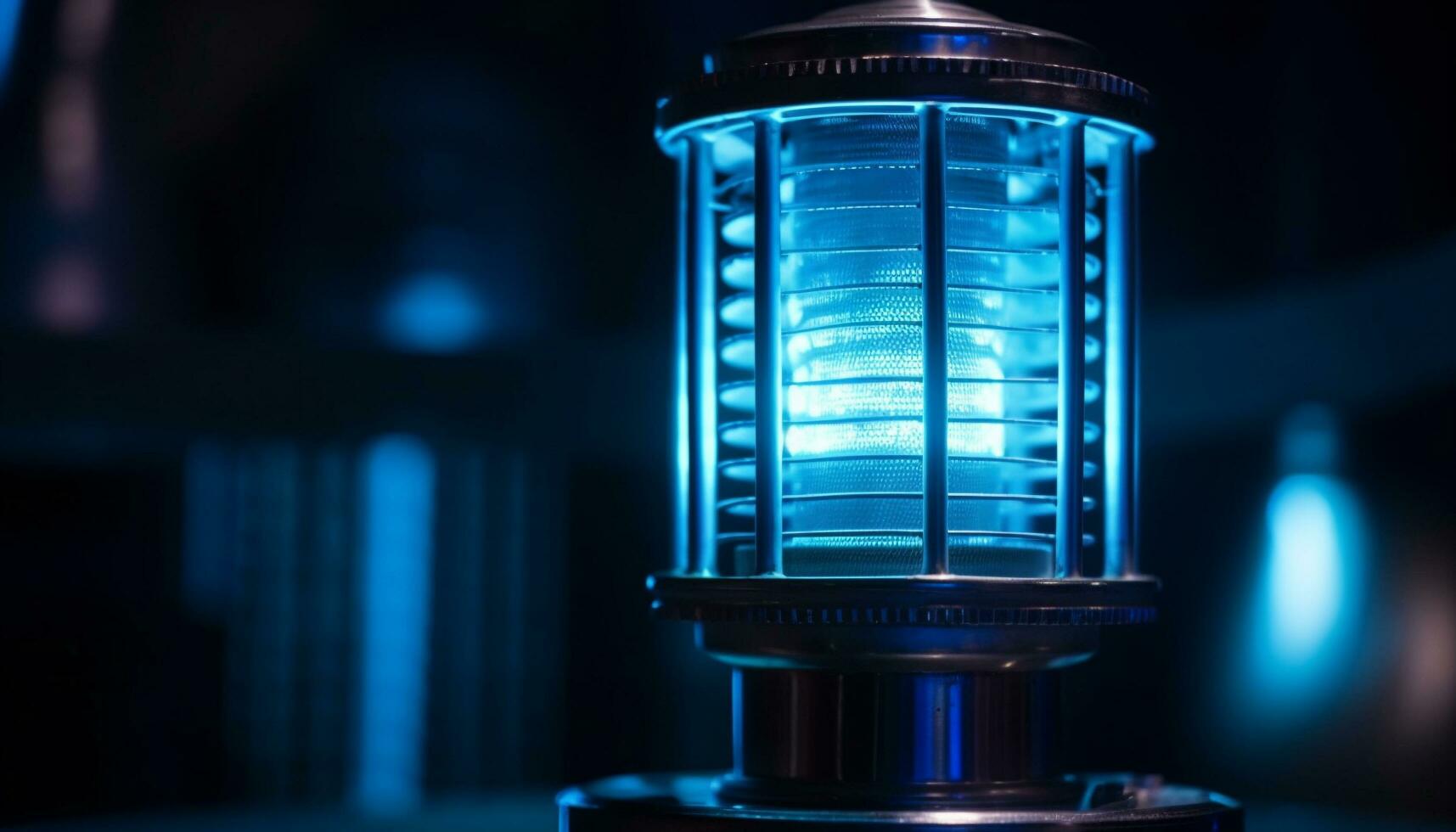elektrisch Lampe leuchtet Blau Glas im Labor generiert durch ai foto