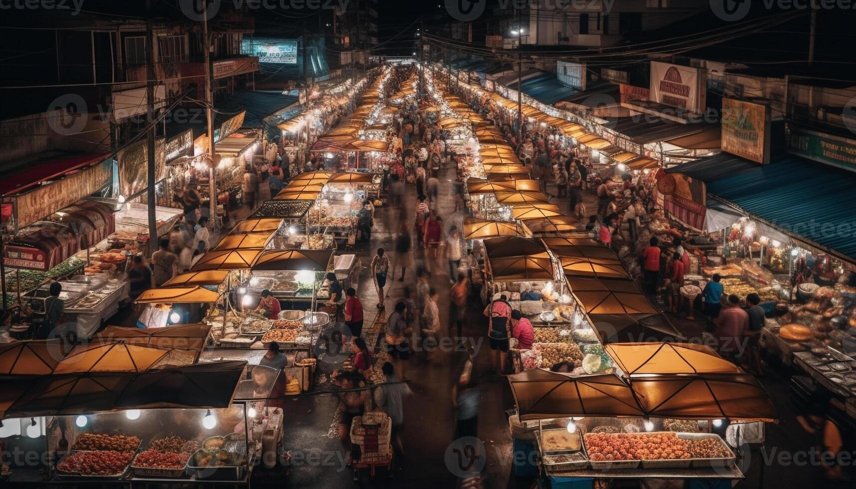 Nacht Markt voll von Leben, Essen, und Kultur generiert durch ai foto