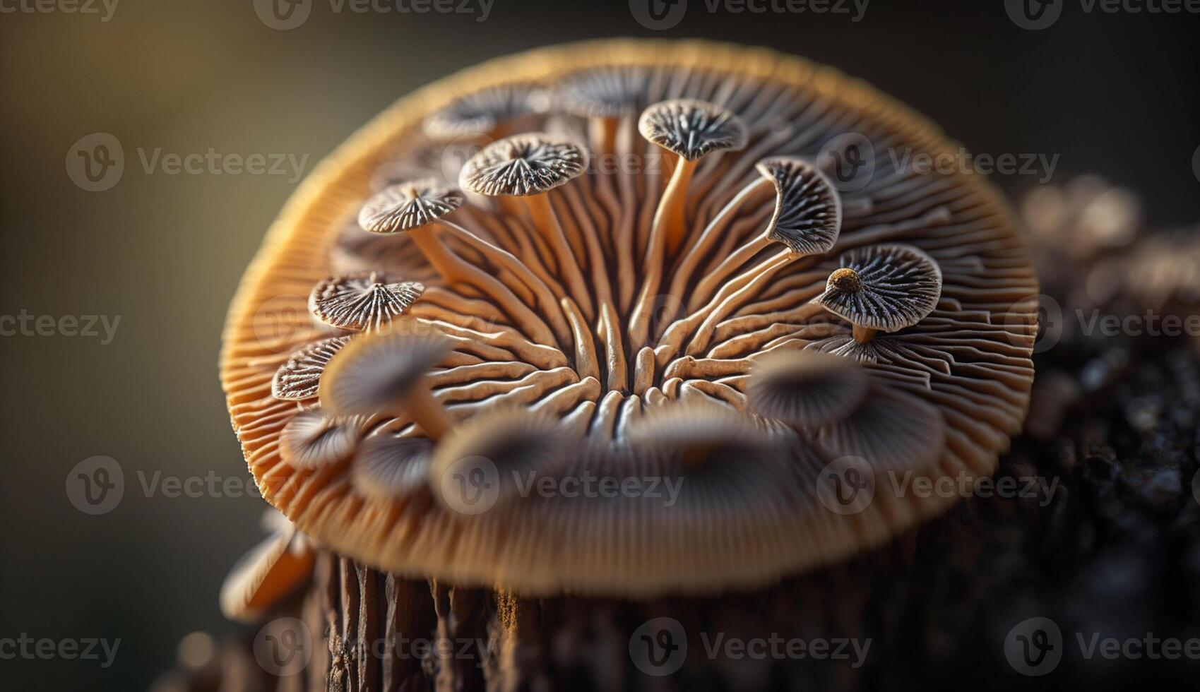 vergrößert Pilz Kieme im das Wald generiert durch ai foto