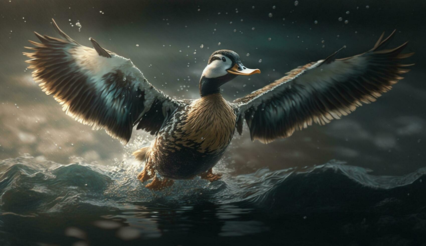 Stockente Ente im Mitte Luft fliegend Über Teich generiert durch ai foto