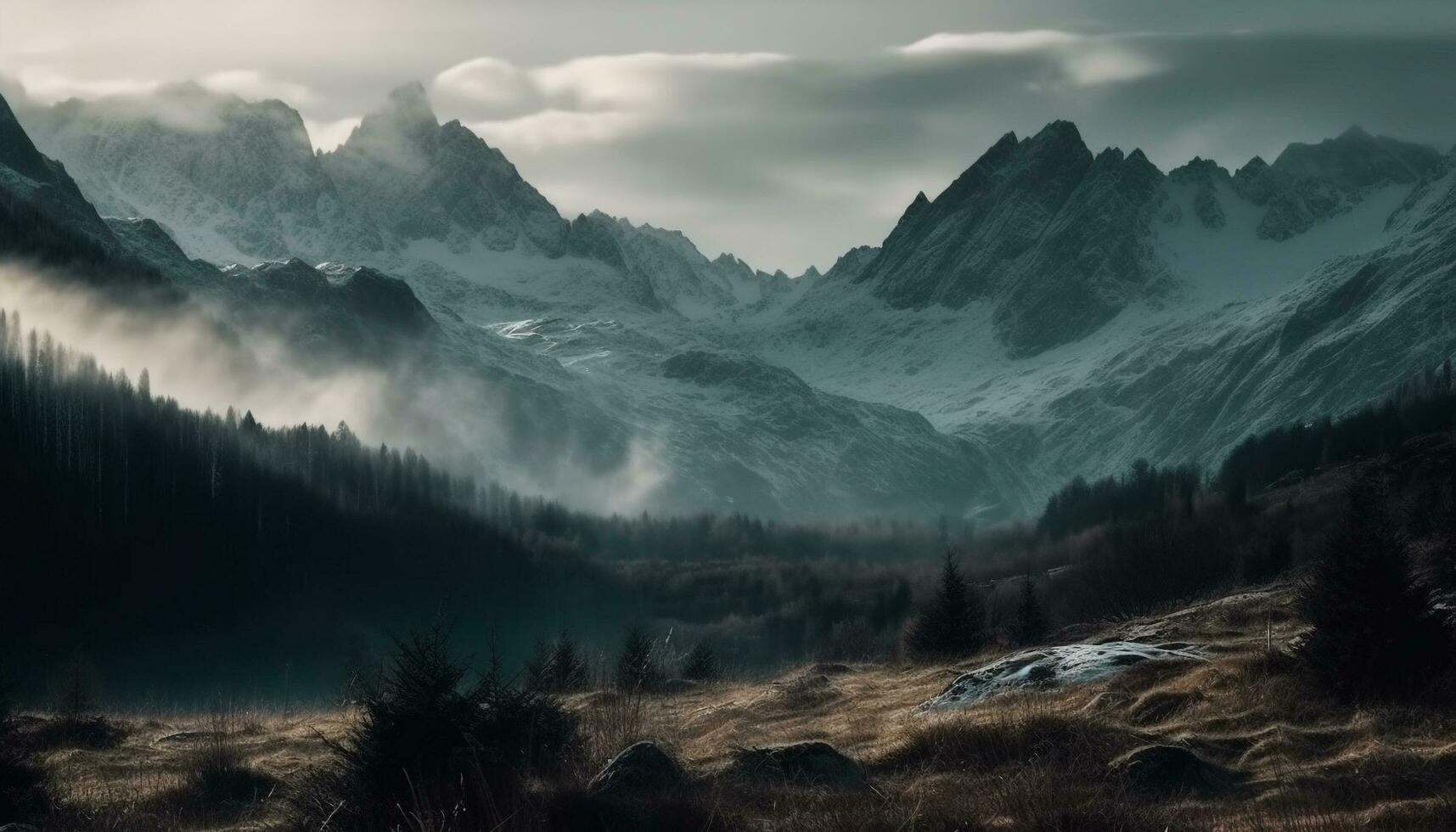 majestätisch Berg Gipfel, verhüllt im neblig Nebel generiert durch ai foto