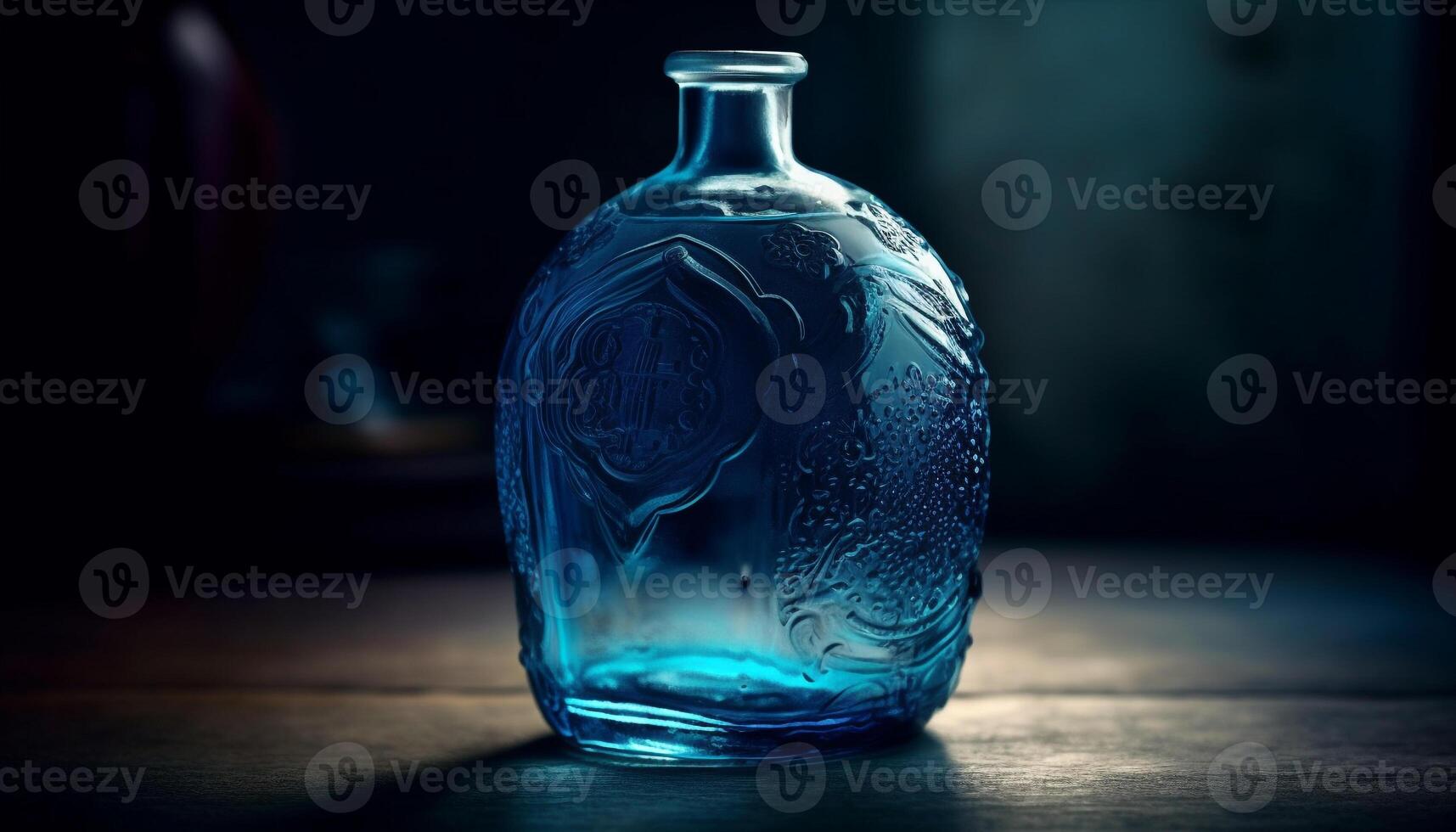 transparent Glas Flasche spiegelt Blau Flüssigkeit Frische generiert durch ai foto